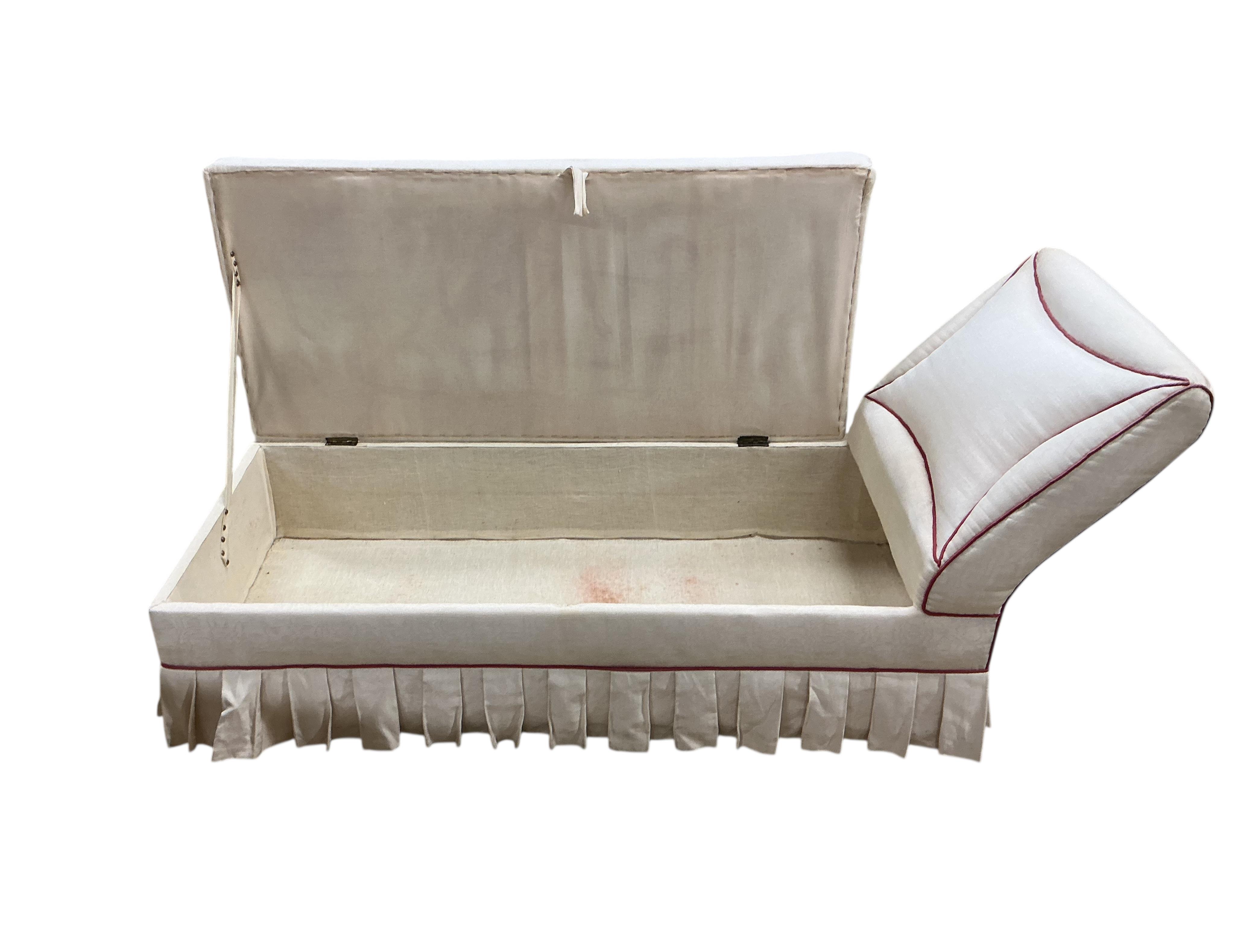 A late Victorian upholstered daybed, with hinged box seat, length 164cm, depth 59cm, height 74cm